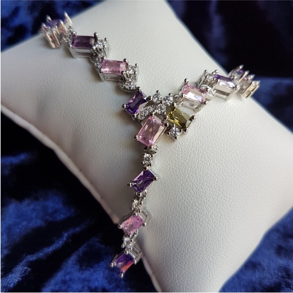 Swarovski Elements Platinum Multicolor Pink & Purple Gem Geometric Necklace NEW - Picture 10 of 13